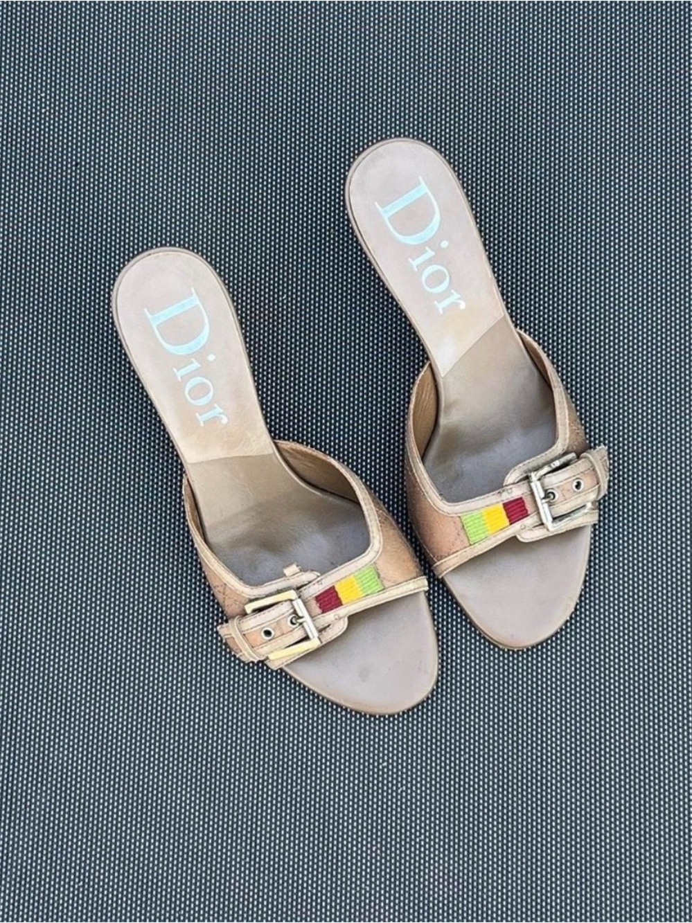 Vintage 2004 Dior Rasta Beige Leather Slide Mules with Multicolor Stripe - Picture 2 of 8